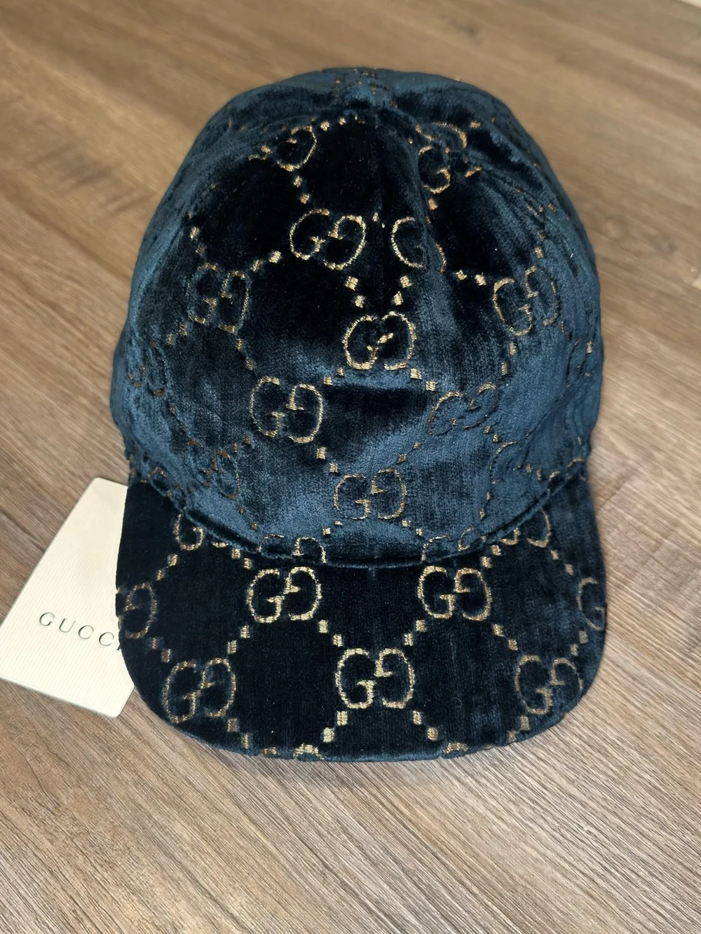 Gucci Double GG Logo Sapphire Blue Gold Velvet Baseball Cap Hat